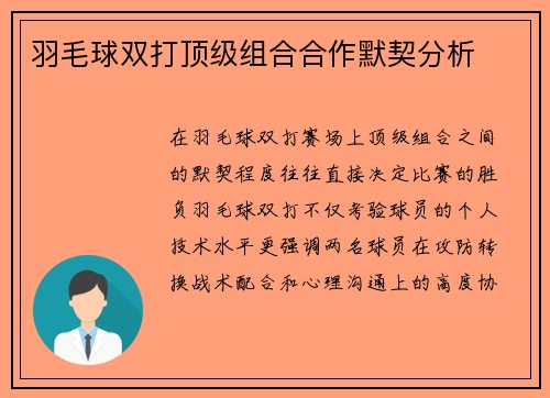 羽毛球双打顶级组合合作默契分析