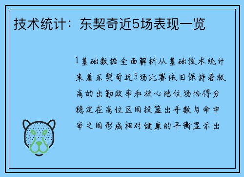 技术统计：东契奇近5场表现一览